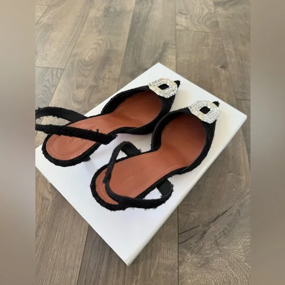 New Authentic Amina Muaddi Camelia 60mm Tweed Slingback Pump Size 38.5 - Picture 7 of 10